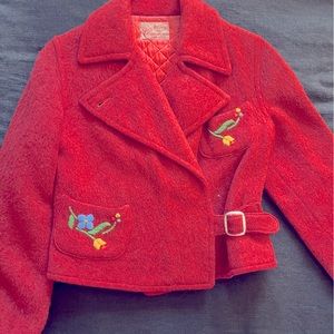 Cropped vintage red wool embroidered peacoat w/silver buckle.